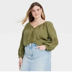 Women's Balloon Long Sleeve Everyday Blouse - Universal Thread Olive Green M